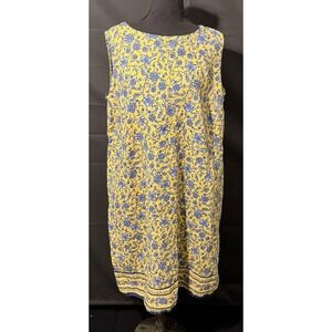 J Jill Love Linen Dress Womens XL Yellow Blue Floral Sleeveless Shift Casual